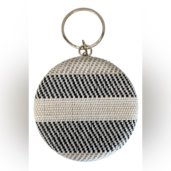 Savanna Cream Black Round Woven Crossbody Satchel Gold Chain Boho Bag Purse - Picture 7 of 13